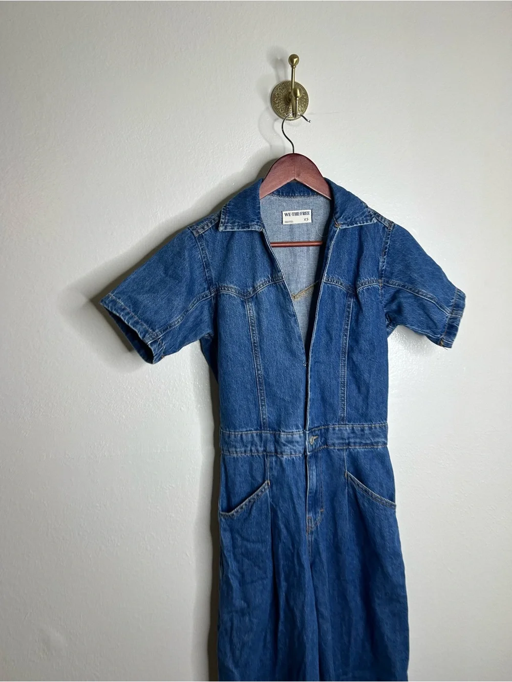 Free People 100% Cotton Marla Straight Leg Short Sleeve Denim Jumpsuit